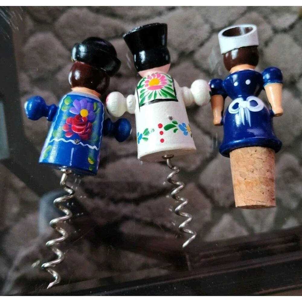 3 Hungarian Folk Art Wooden Painted Bottle Cord Screws & Stopper